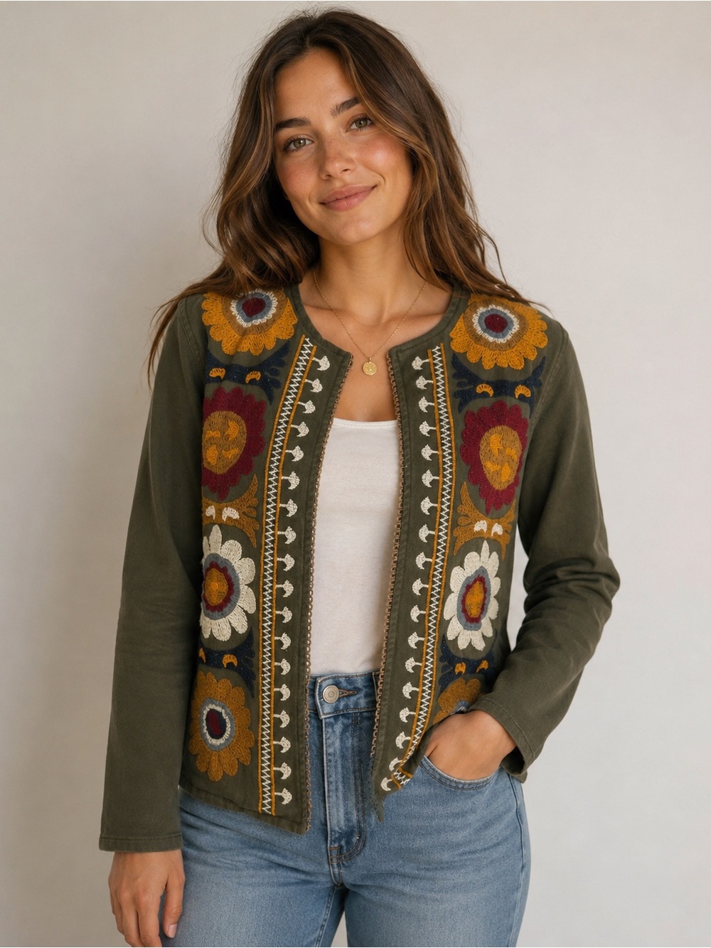 Tennis Embroidered Boho Floral Jacket S Olive Green Open Front Folk Art Festival